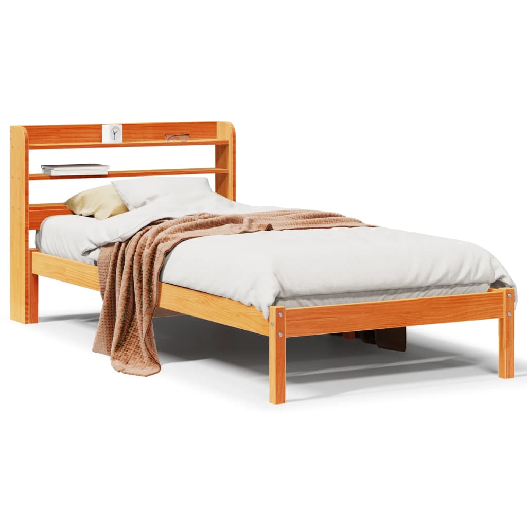 vidaXL Cadru de pat cu tăblie, maro ceruit, 75x190 cm, lemn masiv pin vidaXL Cadru de pat cu tăblie, maro ceruit, 75x190 cm, lemn masiv pin