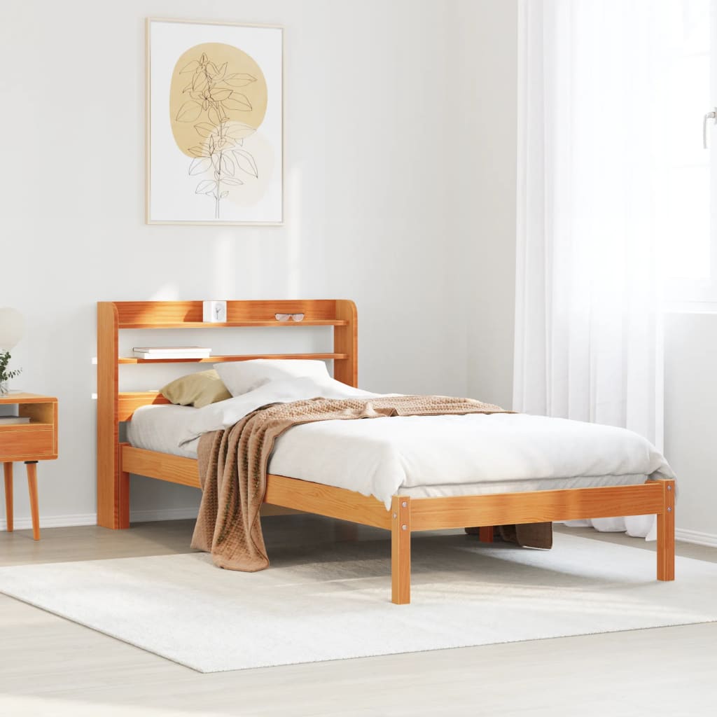 vidaXL Cadru de pat cu tăblie, maro ceruit, 75x190 cm, lemn masiv pin vidaXL Cadru de pat cu tăblie, maro ceruit, 75x190 cm, lemn masiv pin