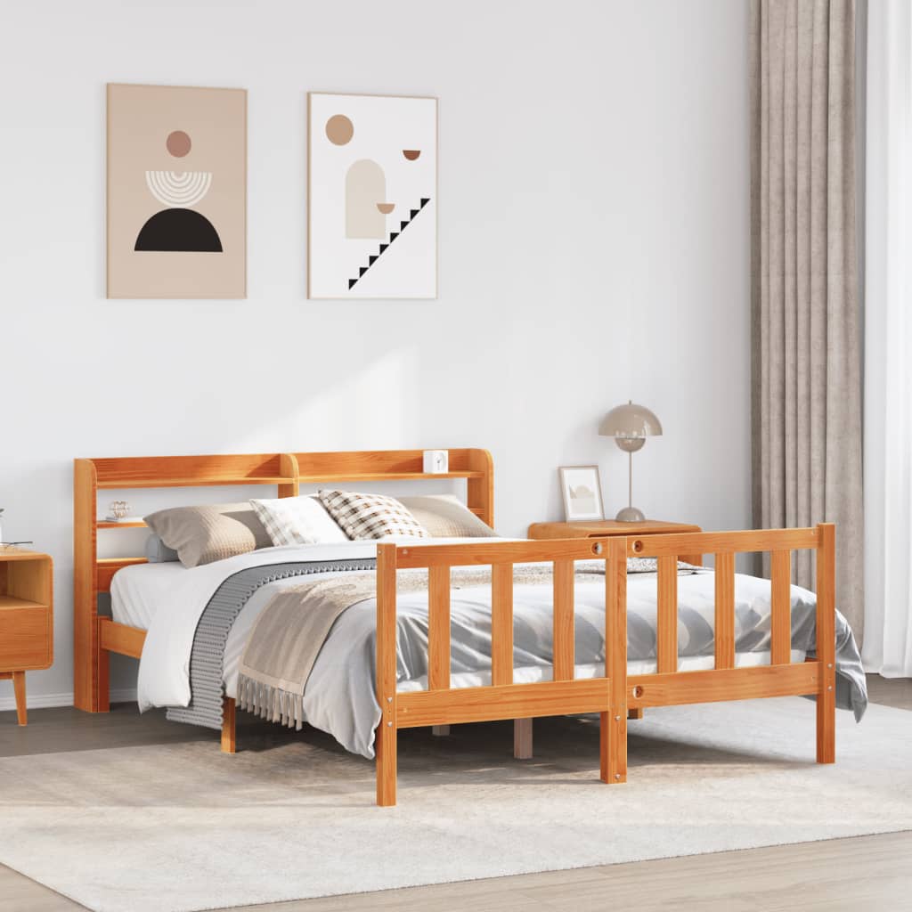 vidaXL Cadru de pat cu tăblie, maro ceruit, 140x190 cm, lemn masiv pin vidaXL Cadru de pat cu tăblie, maro ceruit, 140x190 cm, lemn masiv pin