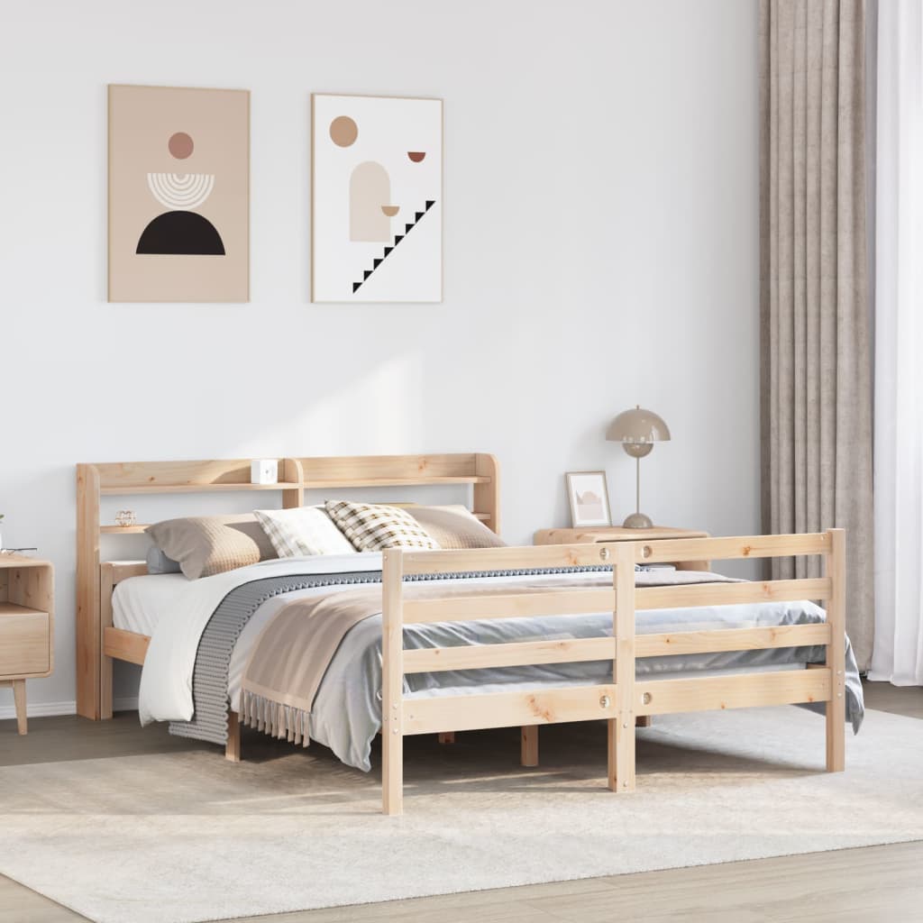 vidaXL Cadru de pat cu tăblie, 135x190 cm, lemn masiv de pin vidaXL Cadru de pat cu tăblie, 135x190 cm, lemn masiv de pin