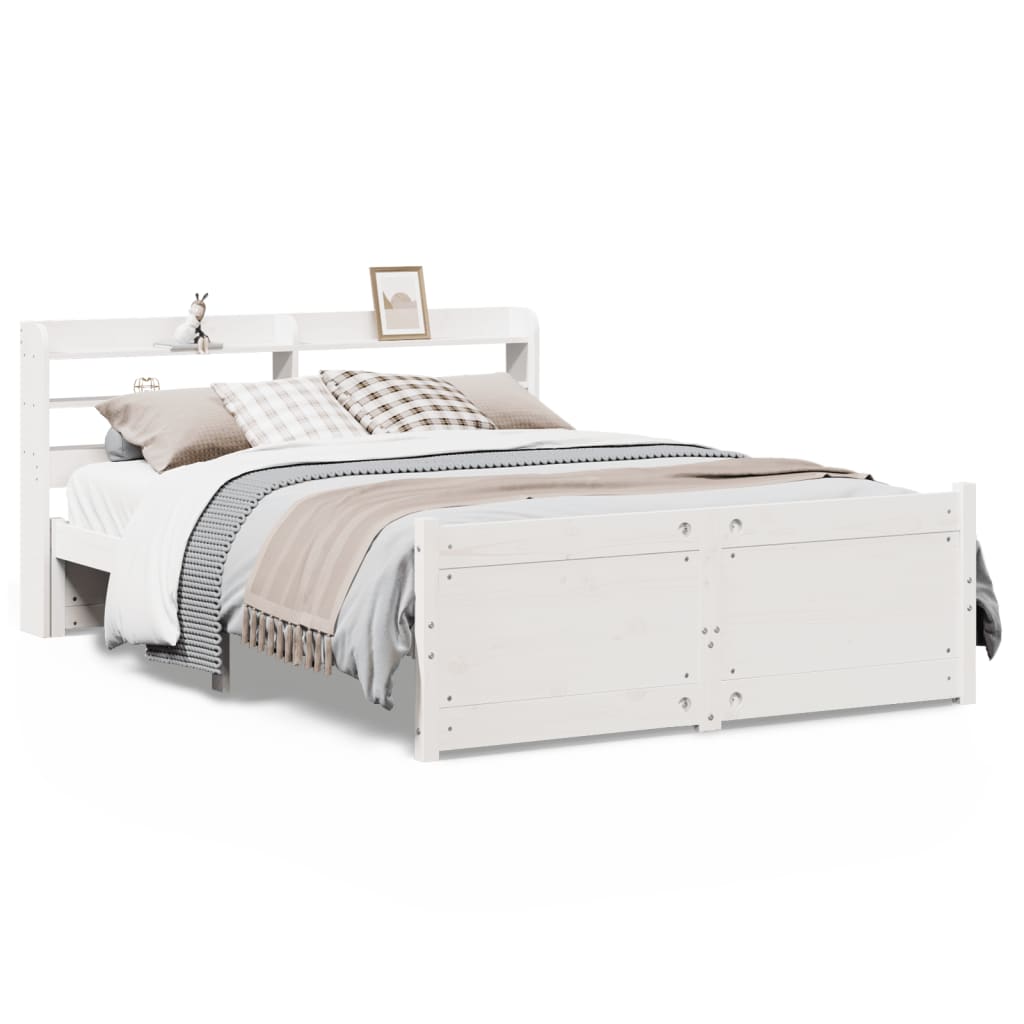 vidaXL Cadru de pat cu tăblie, alb, 135x190 cm, lemn masiv de pin vidaXL Cadru de pat cu tăblie, alb, 135x190 cm, lemn masiv de pin