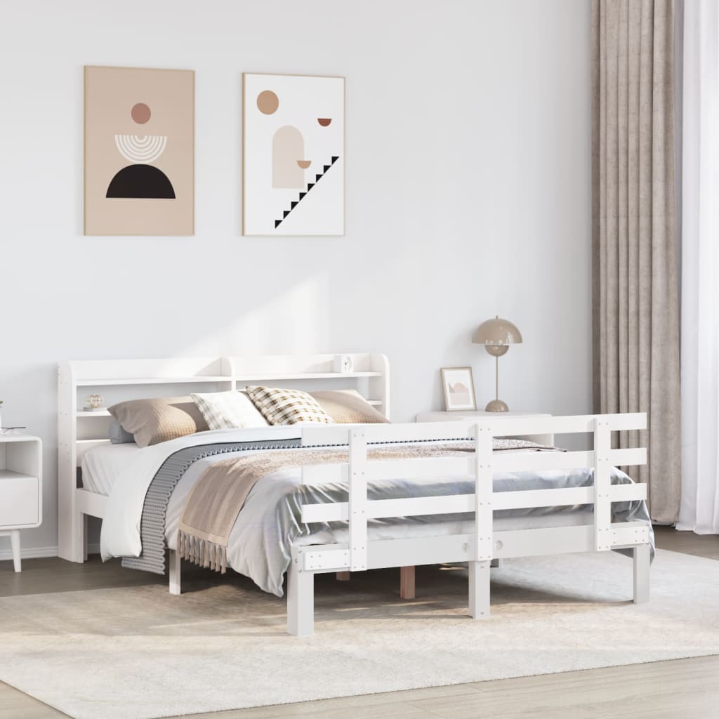 vidaXL Cadru de pat cu tăblie, alb, 135x190 cm, lemn masiv de pin vidaXL Cadru de pat cu tăblie, alb, 135x190 cm, lemn masiv de pin