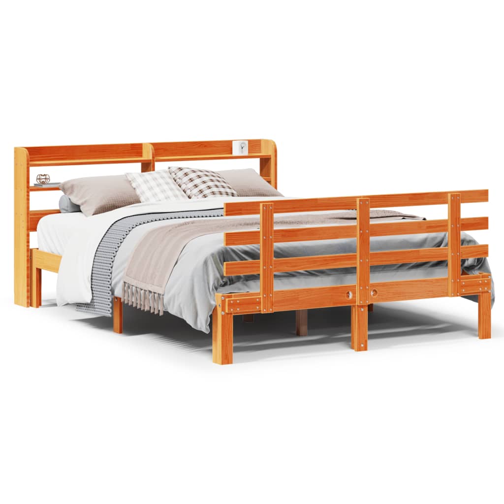 vidaXL Cadru de pat cu tăblie, maro ceruit, 140x190 cm, lemn masiv pin vidaXL Cadru de pat cu tăblie, maro ceruit, 140x190 cm, lemn masiv pin
