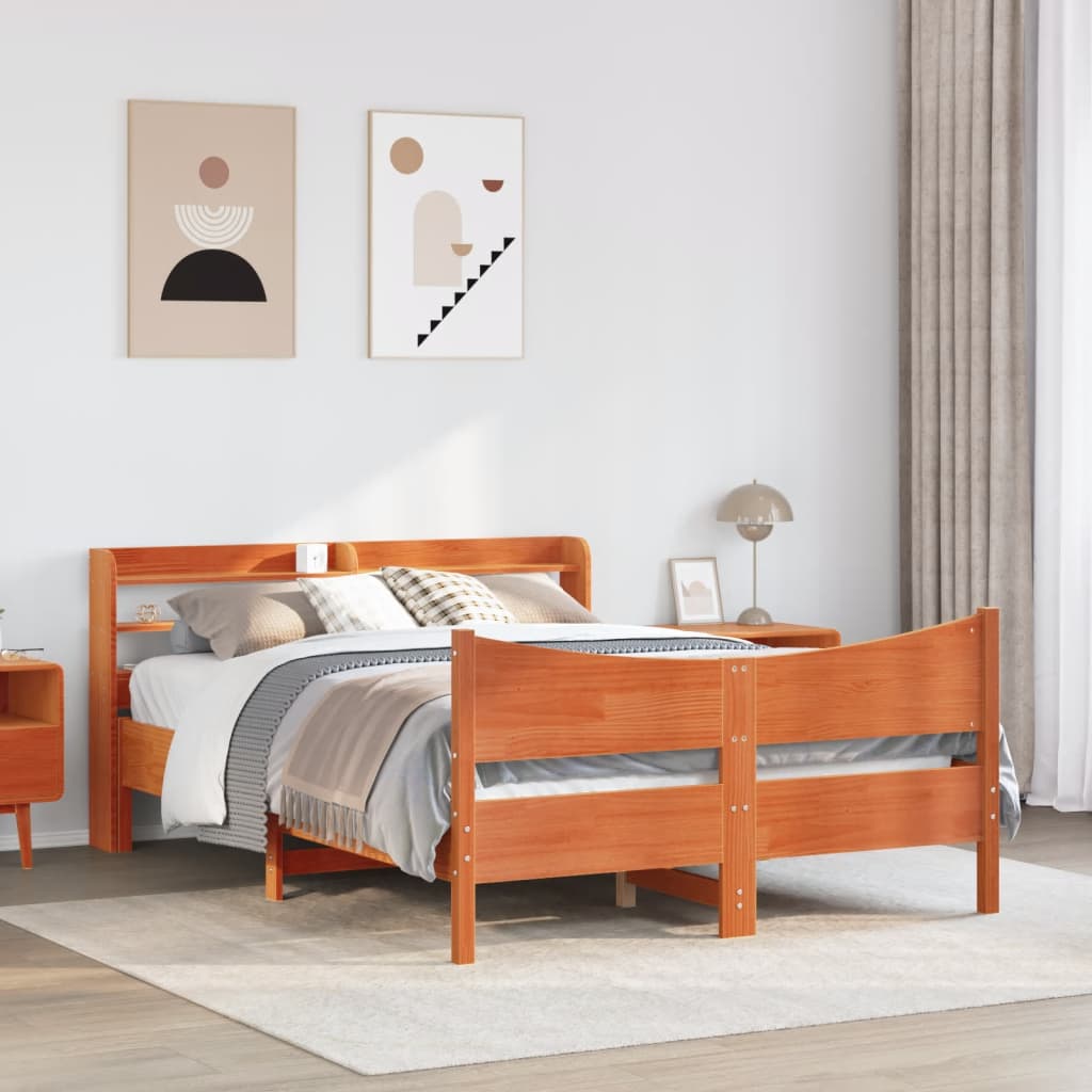 vidaXL Cadru de pat cu tăblie, maro ceruit, 140x190 cm, lemn masiv pin vidaXL Cadru de pat cu tăblie, maro ceruit, 140x190 cm, lemn masiv pin