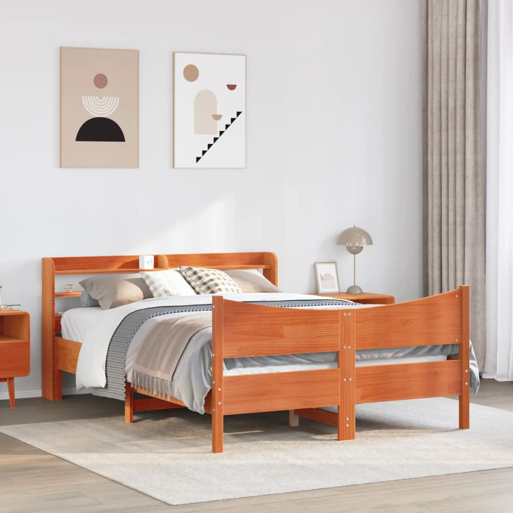 vidaXL Cadru de pat cu tăblie, maro ceruit, 135x190 cm, lemn masiv pin vidaXL Cadru de pat cu tăblie, maro ceruit, 135x190 cm, lemn masiv pin