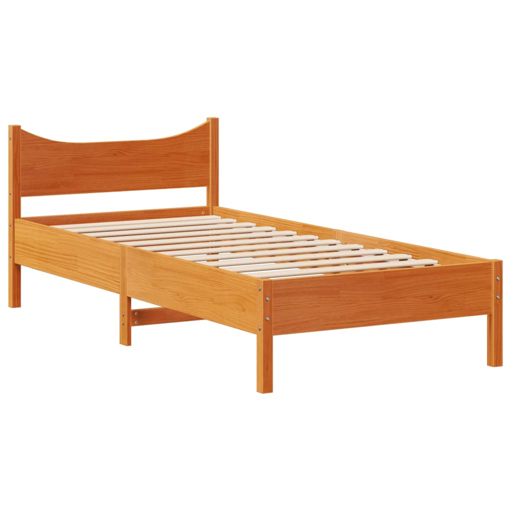 vidaXL Cadru de pat cu tăblie, maro ceruit, 75x190 cm, lemn masiv pin vidaXL Cadru de pat cu tăblie, maro ceruit, 75x190 cm, lemn masiv pin