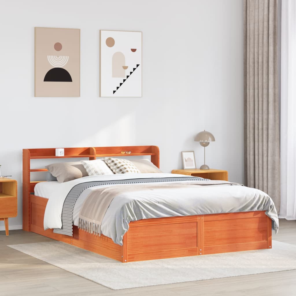 vidaXL Cadru de pat cu tăblie, maro ceruit, 140x190 cm, lemn masiv pin vidaXL Cadru de pat cu tăblie, maro ceruit, 140x190 cm, lemn masiv pin