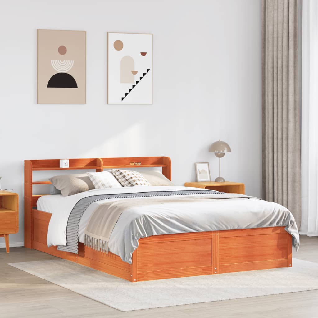 vidaXL Cadru de pat cu tăblie, maro ceruit, 135x190 cm, lemn masiv pin vidaXL Cadru de pat cu tăblie, maro ceruit, 135x190 cm, lemn masiv pin