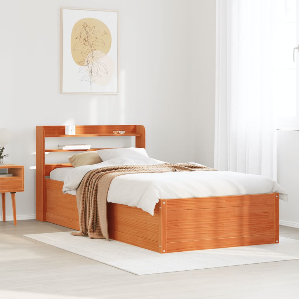 vidaXL Cadru de pat cu tăblie, maro ceruit, 75x190 cm, lemn masiv pin vidaXL Cadru de pat cu tăblie, maro ceruit, 75x190 cm, lemn masiv pin