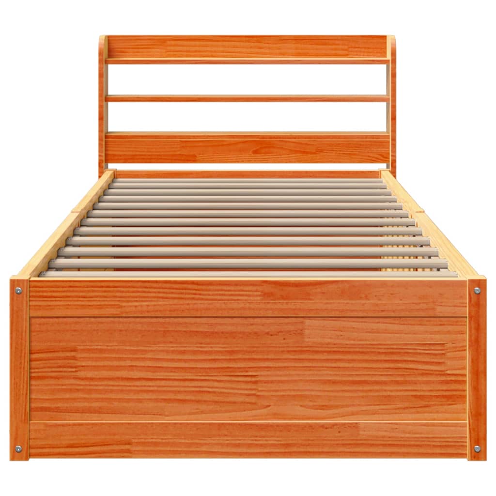vidaXL Cadru de pat cu tăblie, maro ceruit, 75x190 cm, lemn masiv pin vidaXL Cadru de pat cu tăblie, maro ceruit, 75x190 cm, lemn masiv pin