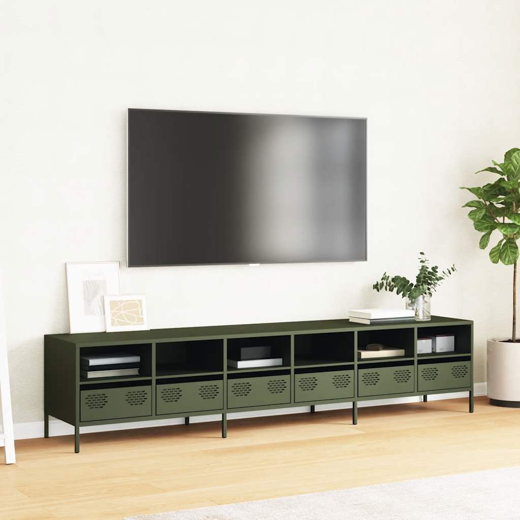 vidaXL Dulap TV, verde măsliniu, 202x39x43,5 cm, oțel laminat la rece vidaXL Dulap TV, verde măsliniu, 202x39x43,5 cm, oțel laminat la rece