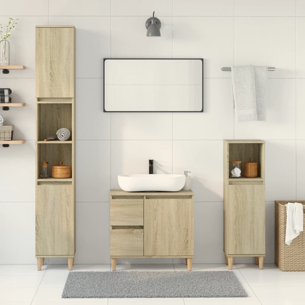 vidaXL Set mobilier de baie, 3 piese, stejar sonoma, lemn prelucrat vidaXL Set mobilier de baie, 3 piese, stejar sonoma, lemn prelucrat