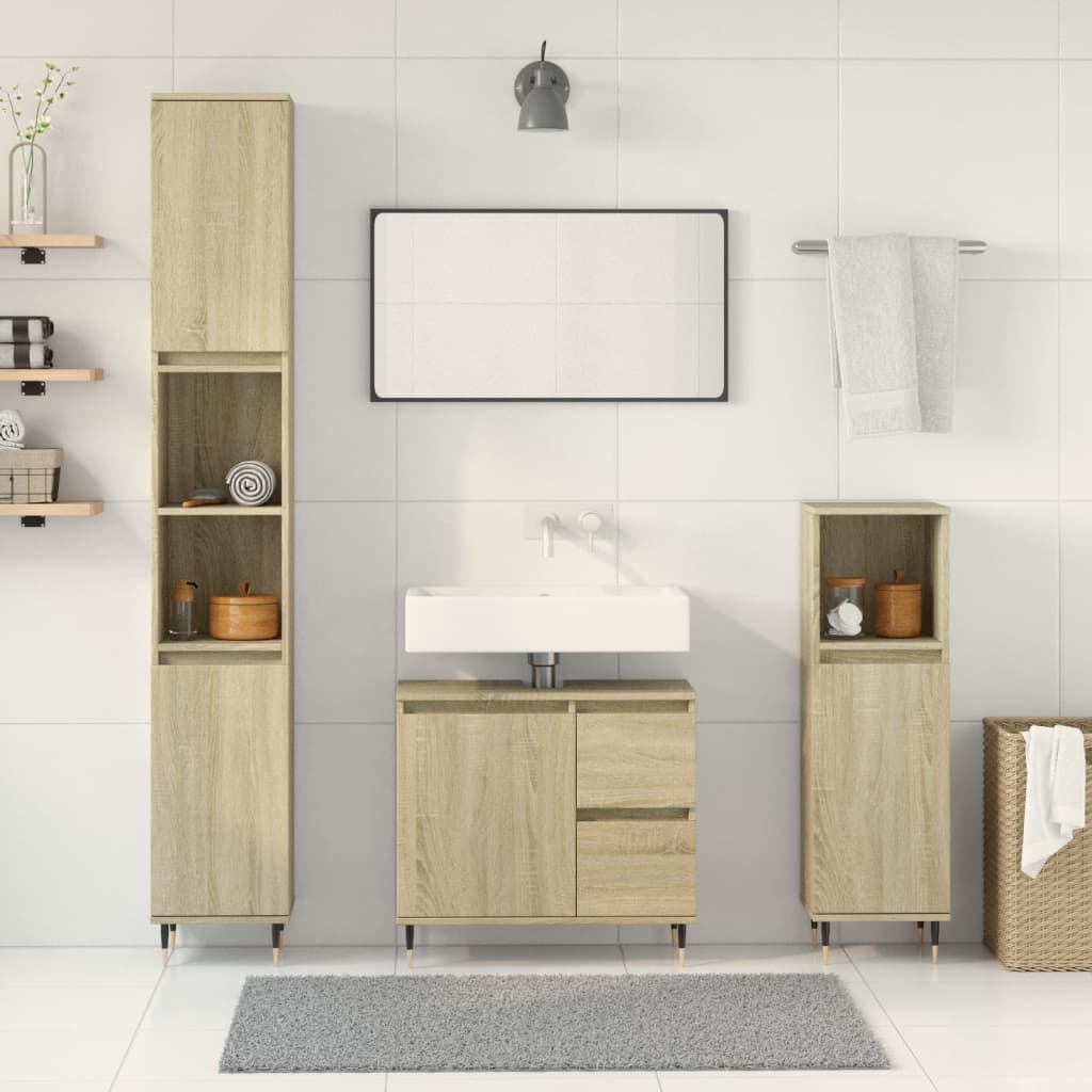 vidaXL Set mobilier de baie, 3 piese, stejar sonoma, lemn prelucrat