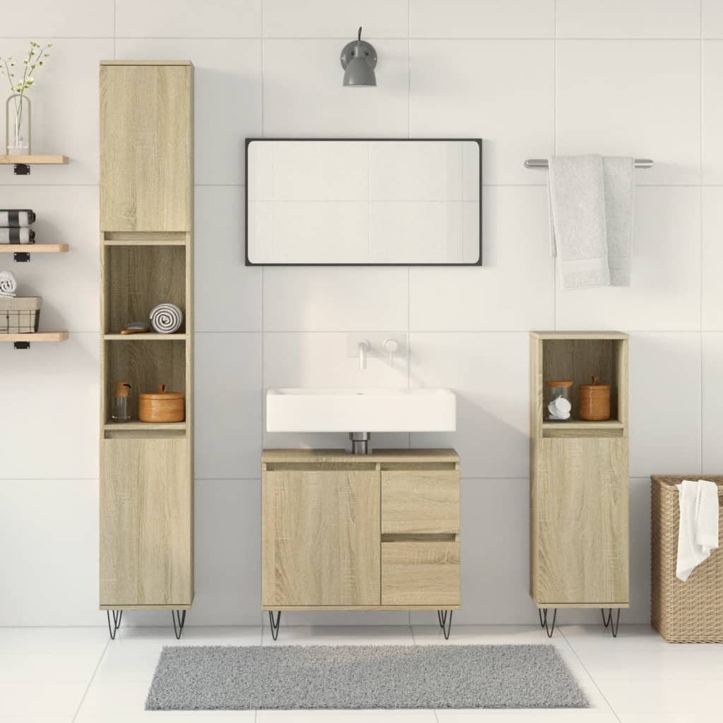 vidaXL Set mobilier de baie, 3 piese, stejar sonoma, lemn prelucrat vidaXL Set mobilier de baie, 3 piese, stejar sonoma, lemn prelucrat