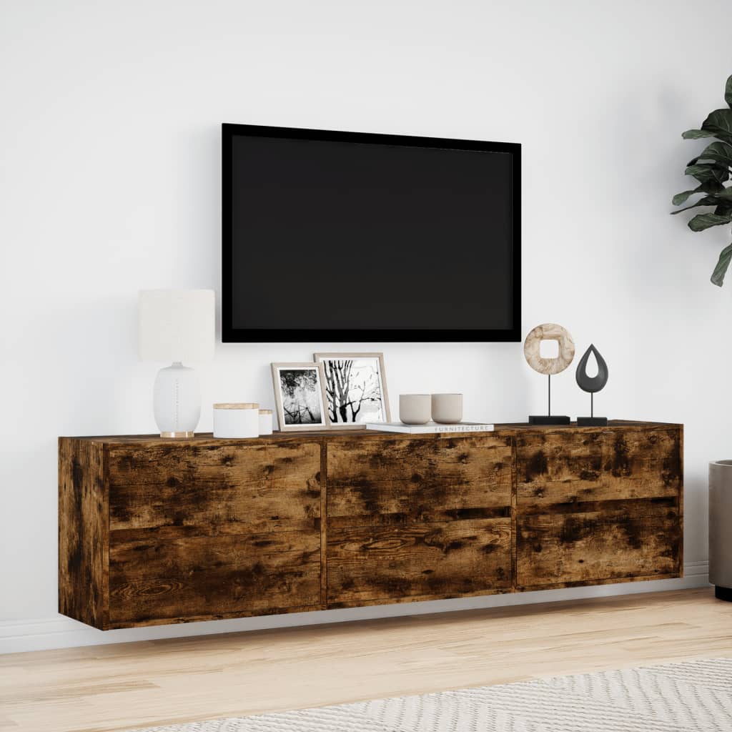 vidaXL Dulap TV de perete cu lumini LED, stejar fumuriu, 180x31x45 cm vidaXL Dulap TV de perete cu lumini LED, stejar fumuriu, 180x31x45 cm