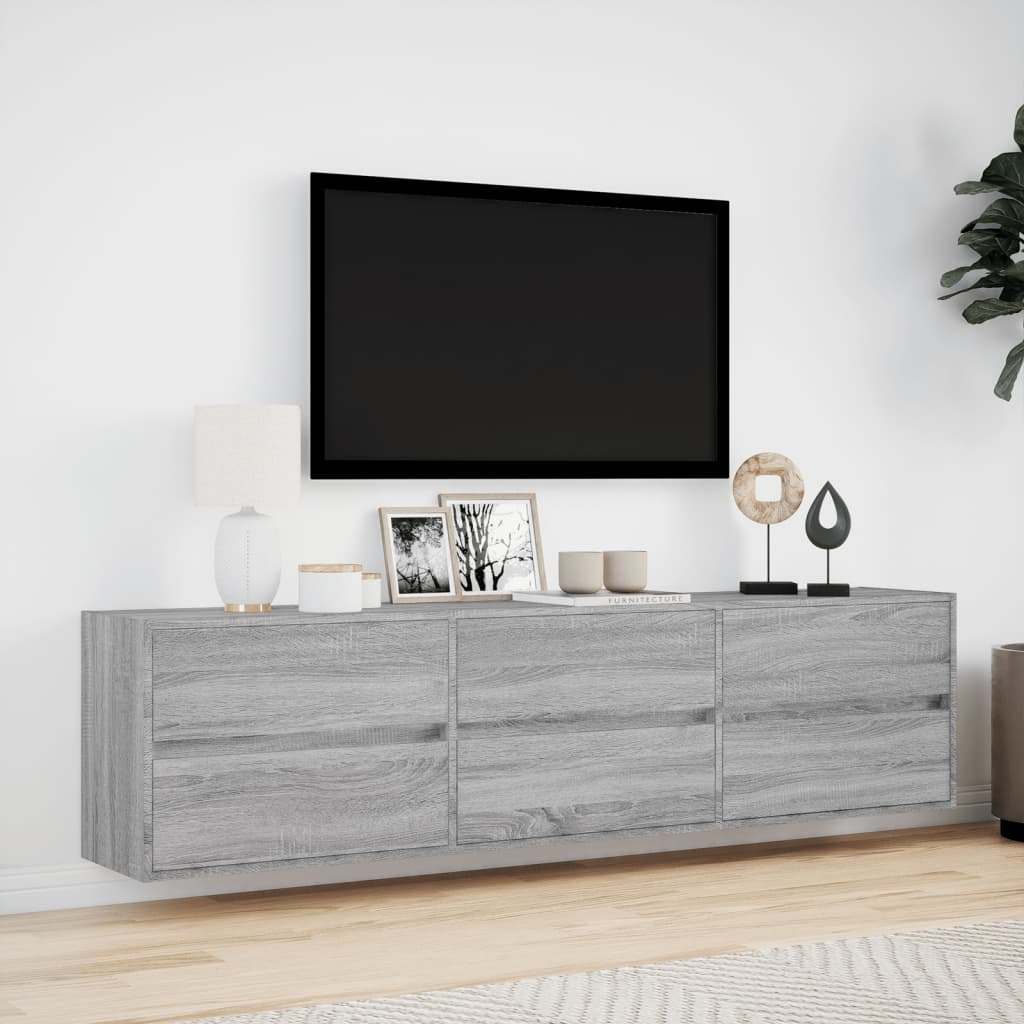 vidaXL Comodă TV de perete cu lumini LED, gri sonoma, 180x31x45 cm vidaXL Comodă TV de perete cu lumini LED, gri sonoma, 180x31x45 cm