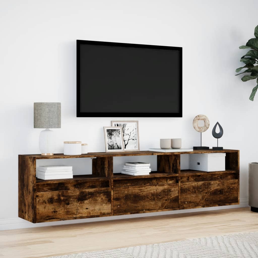 vidaXL Dulap TV de perete cu lumini LED, stejar fumuriu, 180x31x45 cm vidaXL Dulap TV de perete cu lumini LED, stejar fumuriu, 180x31x45 cm