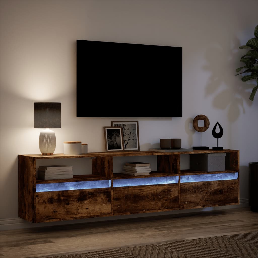 vidaXL Dulap TV de perete cu lumini LED, stejar fumuriu, 180x31x45 cm vidaXL Dulap TV de perete cu lumini LED, stejar fumuriu, 180x31x45 cm