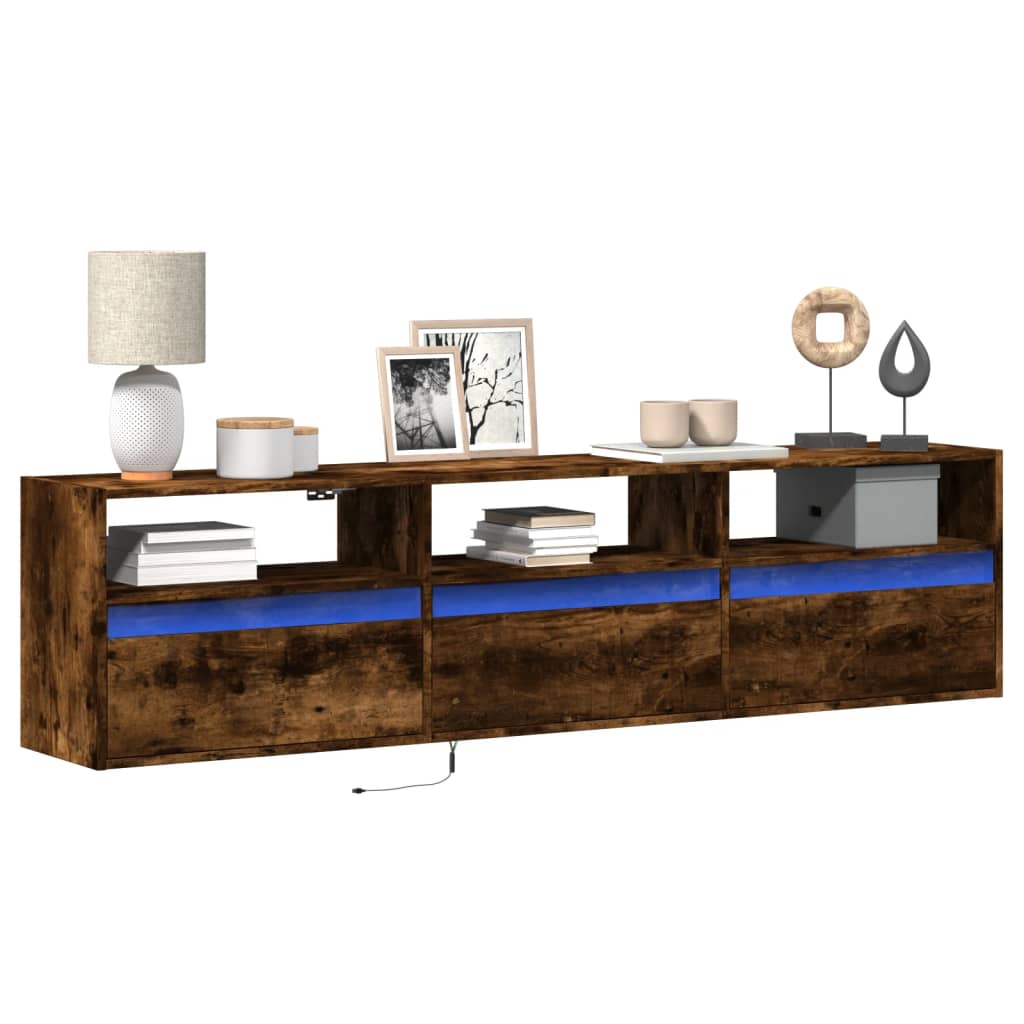 vidaXL Dulap TV de perete cu lumini LED, stejar fumuriu, 180x31x45 cm vidaXL Dulap TV de perete cu lumini LED, stejar fumuriu, 180x31x45 cm