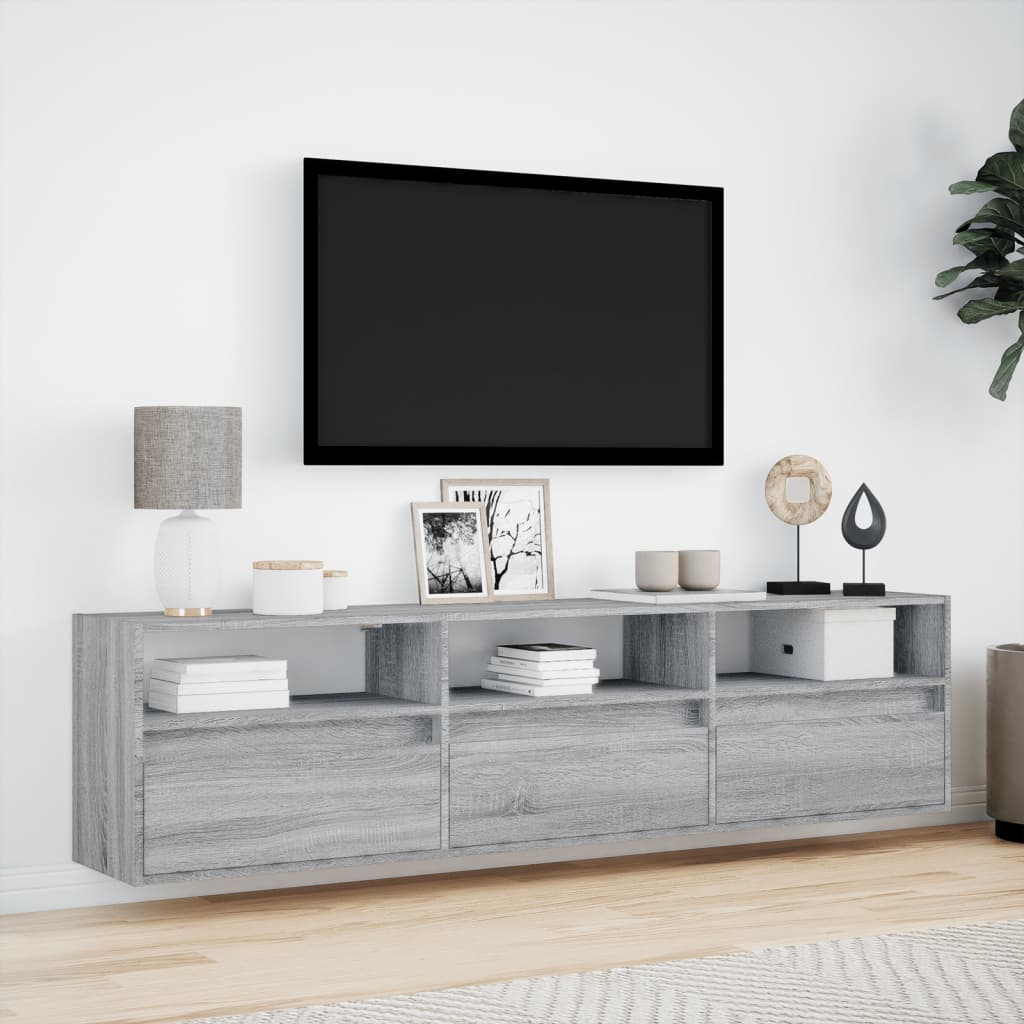 vidaXL Comodă TV de perete cu lumini LED, gri sonoma, 180x31x45 cm vidaXL Comodă TV de perete cu lumini LED, gri sonoma, 180x31x45 cm