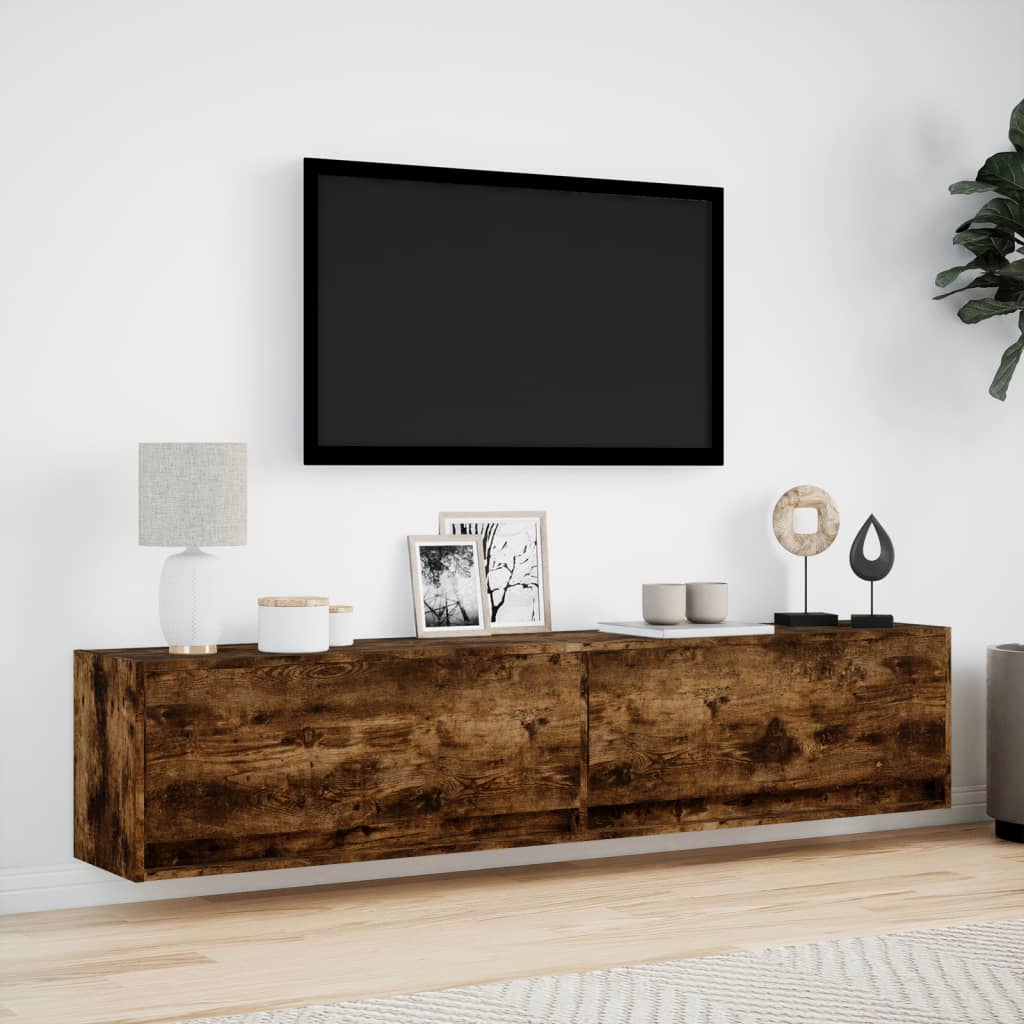 vidaXL Dulap TV de perete cu lumini LED, stejar fumuriu, 180x31x38 cm vidaXL Dulap TV de perete cu lumini LED, stejar fumuriu, 180x31x38 cm