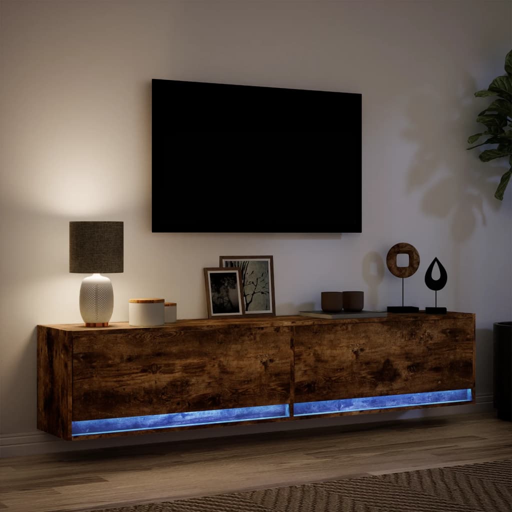 vidaXL Dulap TV de perete cu lumini LED, stejar fumuriu, 180x31x38 cm vidaXL Dulap TV de perete cu lumini LED, stejar fumuriu, 180x31x38 cm