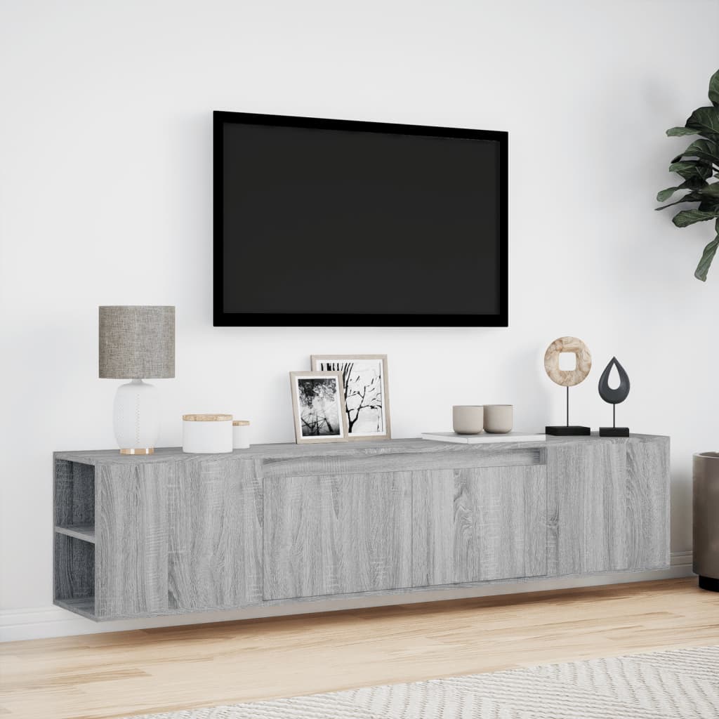 vidaXL Comodă TV de perete cu lumini LED, gri sonoma, 180x31x39,5 cm vidaXL Comodă TV de perete cu lumini LED, gri sonoma, 180x31x39,5 cm