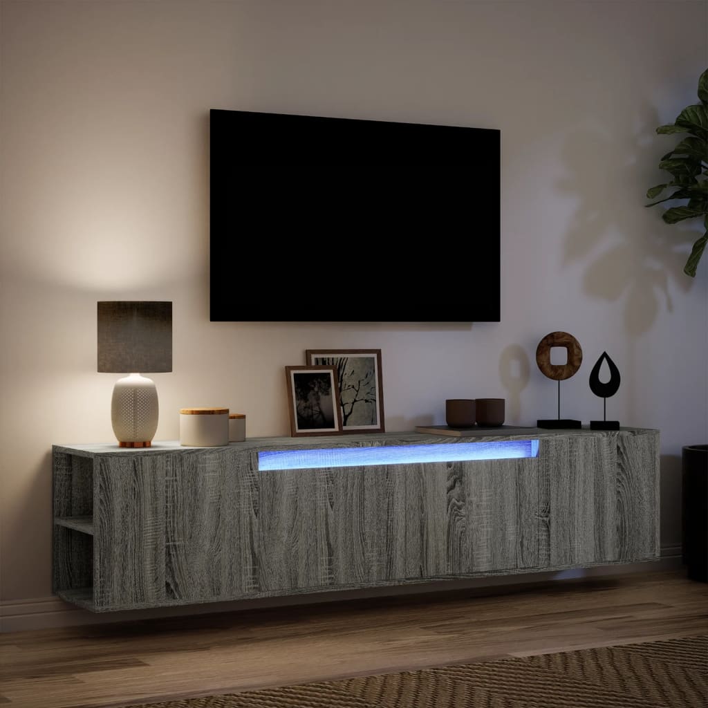 vidaXL Comodă TV de perete cu lumini LED, gri sonoma, 180x31x39,5 cm vidaXL Comodă TV de perete cu lumini LED, gri sonoma, 180x31x39,5 cm