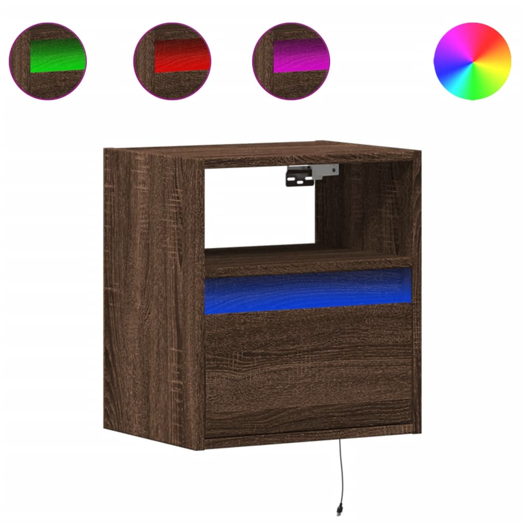 vidaXL Noptieră montată pe perete cu lumini LED, stejar maro
