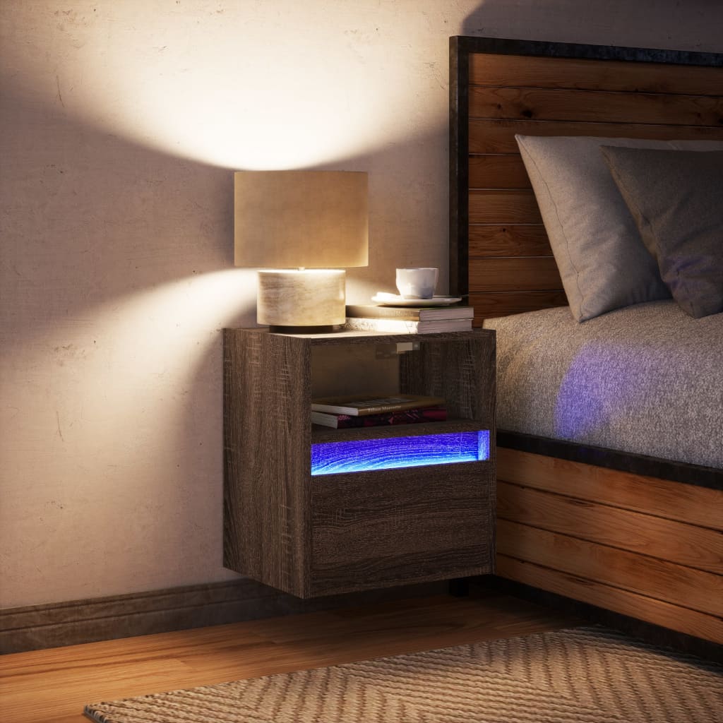 vidaXL Noptieră montată pe perete cu lumini LED, stejar maro