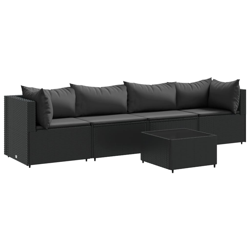 vidaXL Set șezlonguri de grădină, 5 piese, cu perne, negru, poliratan