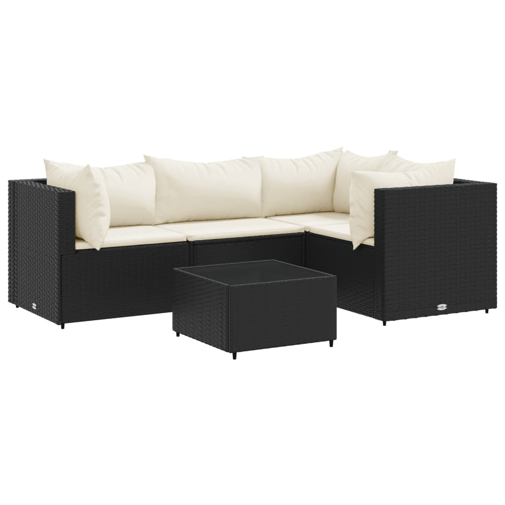vidaXL Set șezlonguri de grădină, 5 piese, cu perne, negru, poliratan