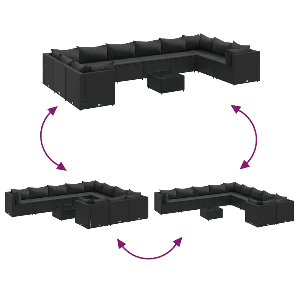 vidaXL Set canapele de grădină cu perne, 11 piese, negru, poliratan