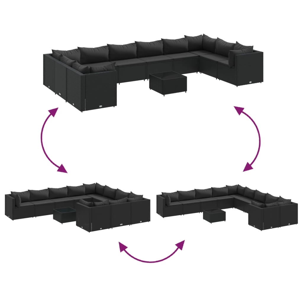 vidaXL Set canapele de grădină cu perne, 11 piese, negru, poliratan
