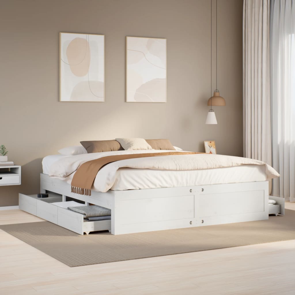 vidaXL Cadru de pat fără saltea/cu sertare, alb, 180x200 cm, lemn pin vidaXL Cadru de pat fără saltea/cu sertare, alb, 180x200 cm, lemn pin