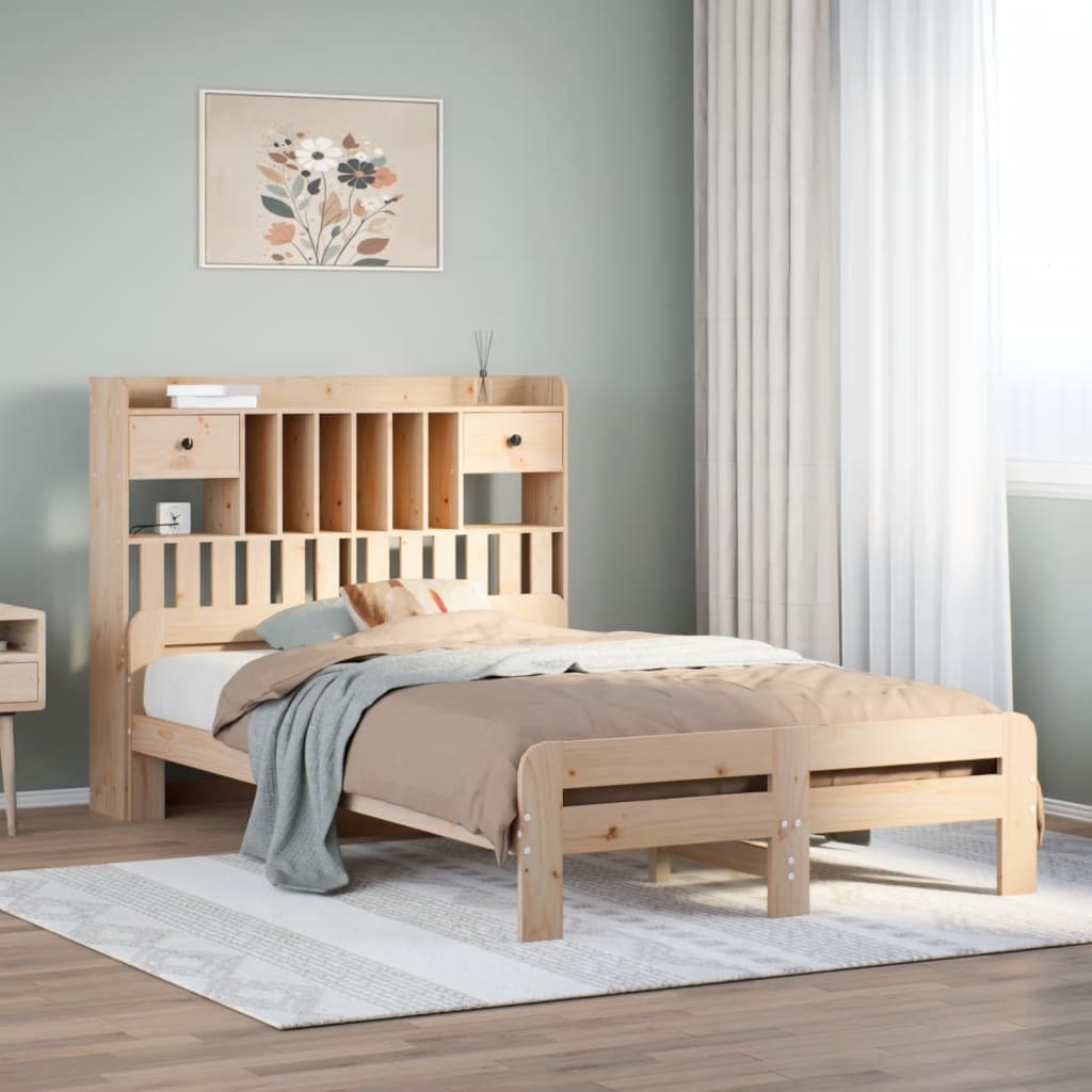 vidaXL Pat cu bibliotecă fără saltea, 135x190 cm, lemn masiv de pin vidaXL Pat cu bibliotecă fără saltea, 135x190 cm, lemn masiv de pin