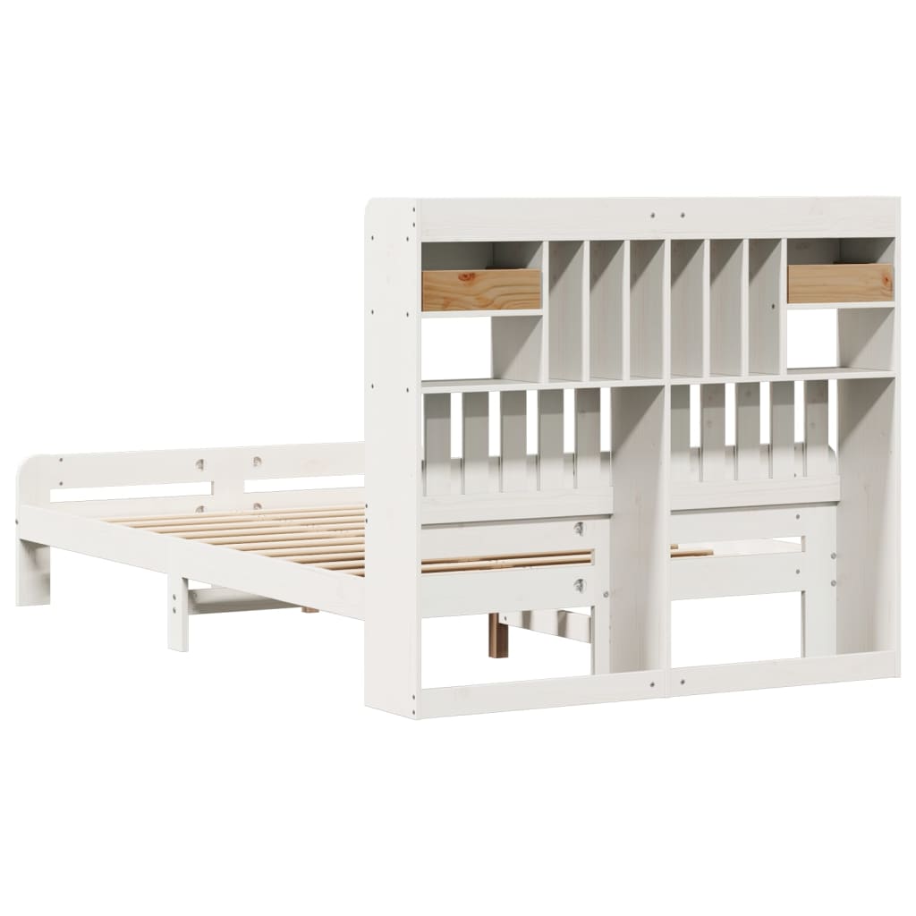 vidaXL Pat cu bibliotecă fără saltea, alb, 135x190 cm, lemn masiv pin