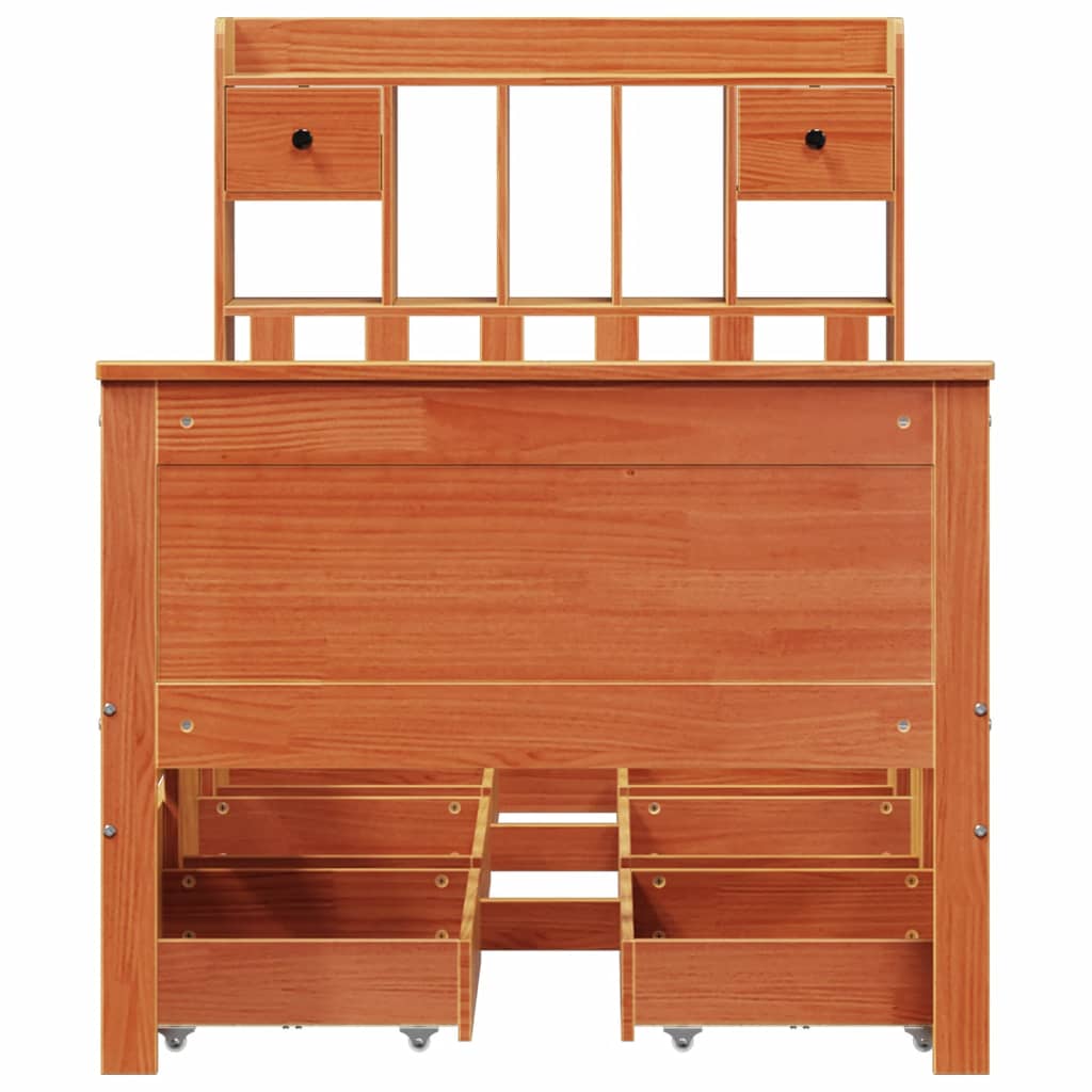 vidaXL Pat cu bibliotecă fără saltea, maro, 100x200 cm, lemn masiv pin vidaXL Pat cu bibliotecă fără saltea, maro, 100x200 cm, lemn masiv pin
