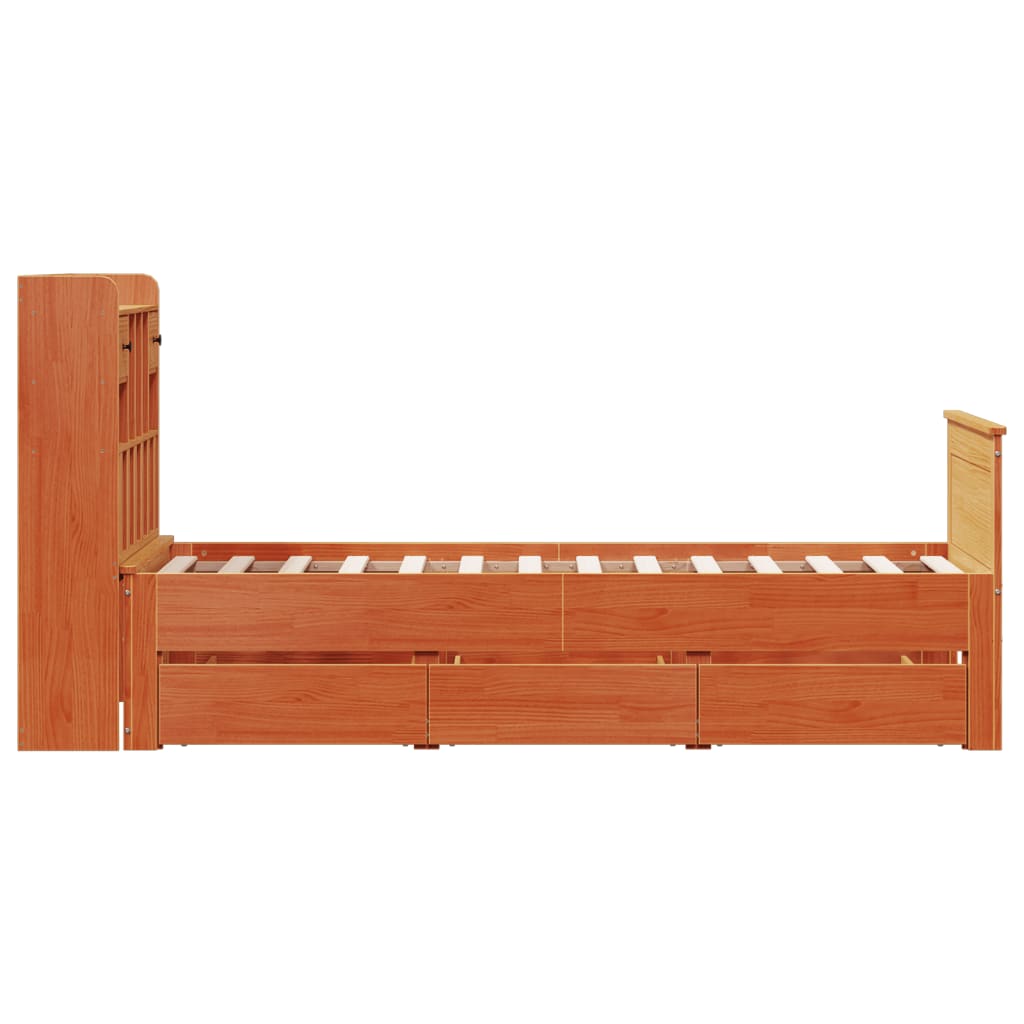 vidaXL Pat cu bibliotecă fără saltea, maro, 100x200 cm, lemn masiv pin vidaXL Pat cu bibliotecă fără saltea, maro, 100x200 cm, lemn masiv pin