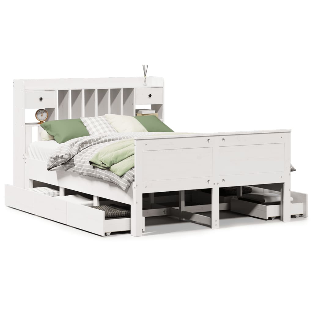 vidaXL Pat cu bibliotecă fără saltea, alb, 140x190 cm, lemn masiv pin vidaXL Pat cu bibliotecă fără saltea, alb, 140x190 cm, lemn masiv pin