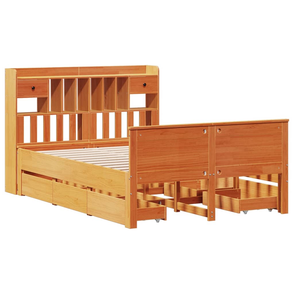 vidaXL Pat cu bibliotecă fără saltea maro 140x190 cm lemn masiv de pin
