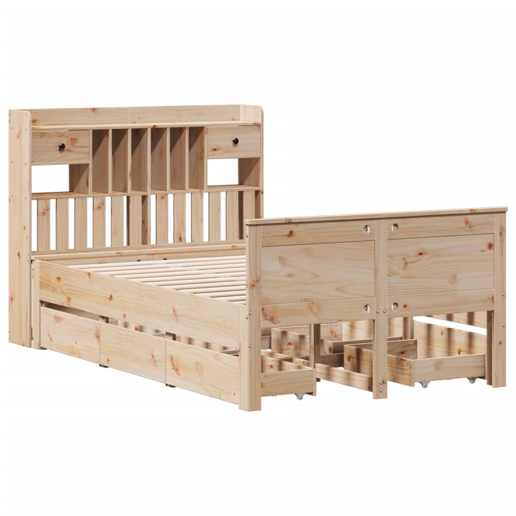 vidaXL Pat cu bibliotecă fără saltea, 135x190 cm, lemn masiv de pin vidaXL Pat cu bibliotecă fără saltea, 135x190 cm, lemn masiv de pin