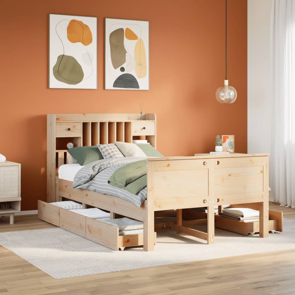 vidaXL Pat cu bibliotecă fără saltea, 135x190 cm, lemn masiv de pin vidaXL Pat cu bibliotecă fără saltea, 135x190 cm, lemn masiv de pin