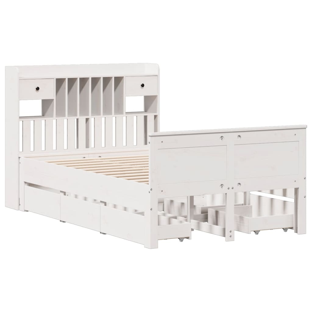 vidaXL Pat cu bibliotecă fără saltea, alb, 135x190 cm, lemn masiv pin