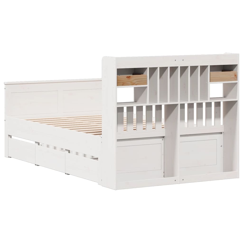 vidaXL Pat cu bibliotecă fără saltea, alb, 135x190 cm, lemn masiv pin