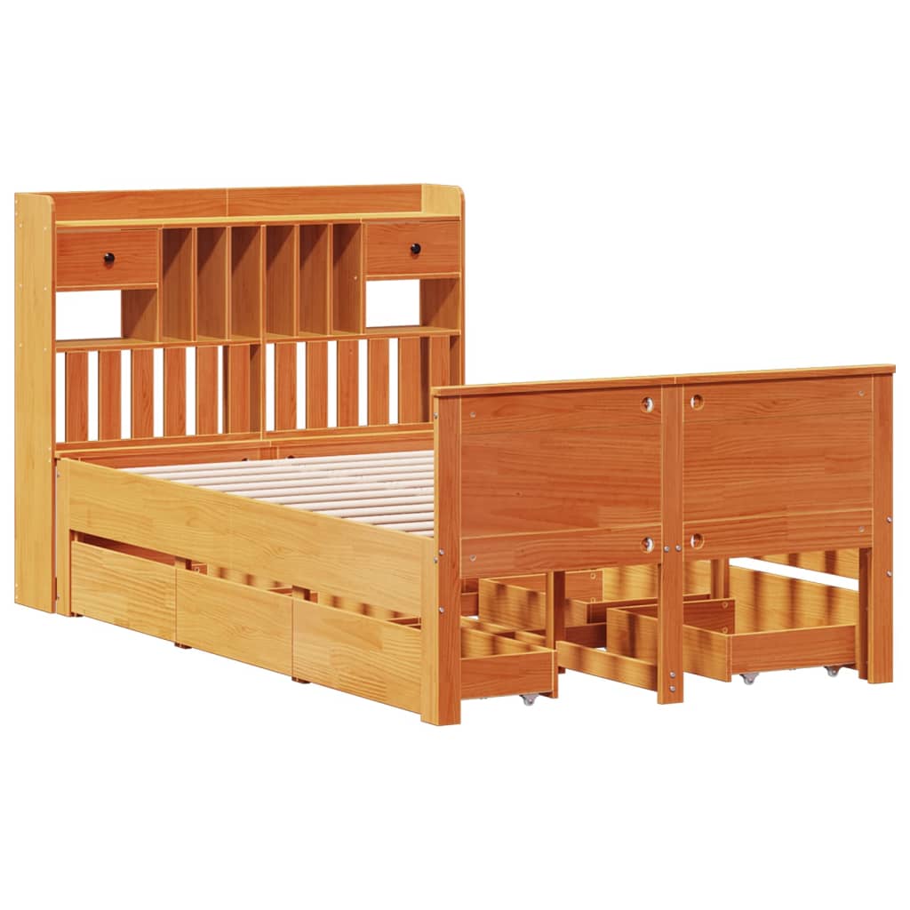 vidaXL Pat cu bibliotecă fără saltea maro 135x190 cm lemn masiv de pin