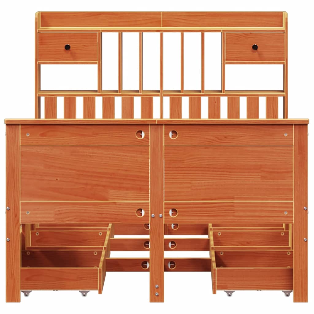 vidaXL Pat cu bibliotecă fără saltea maro 135x190 cm lemn masiv de pin