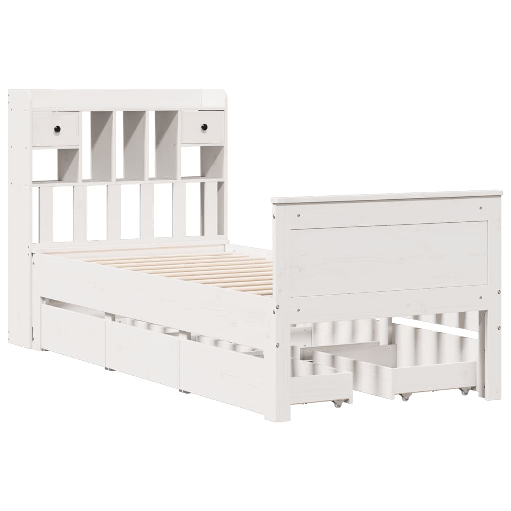 vidaXL Pat cu bibliotecă fără saltea, alb, 75x190 cm, lemn masiv pin vidaXL Pat cu bibliotecă fără saltea, alb, 75x190 cm, lemn masiv pin