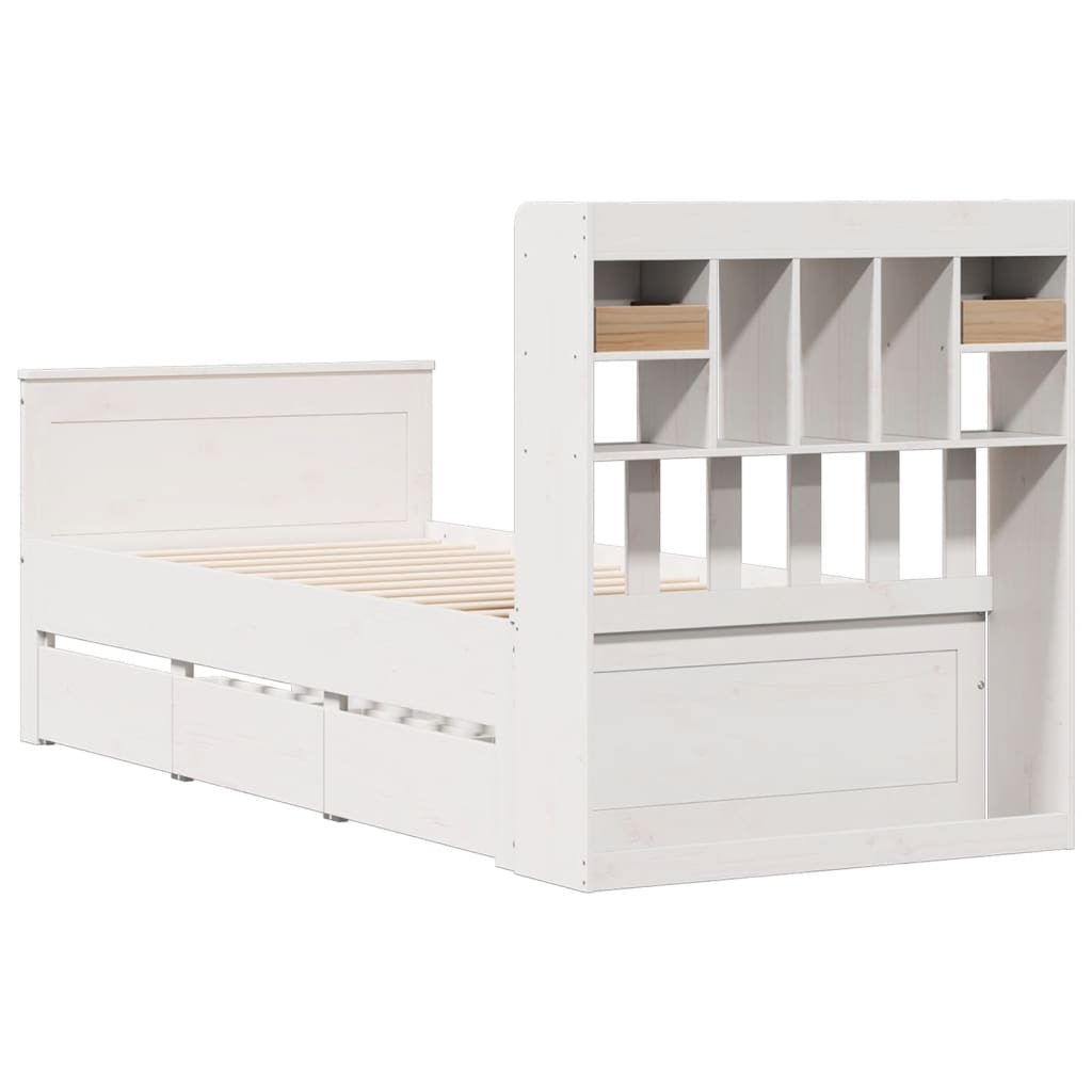 vidaXL Pat cu bibliotecă fără saltea, alb, 75x190 cm, lemn masiv pin vidaXL Pat cu bibliotecă fără saltea, alb, 75x190 cm, lemn masiv pin