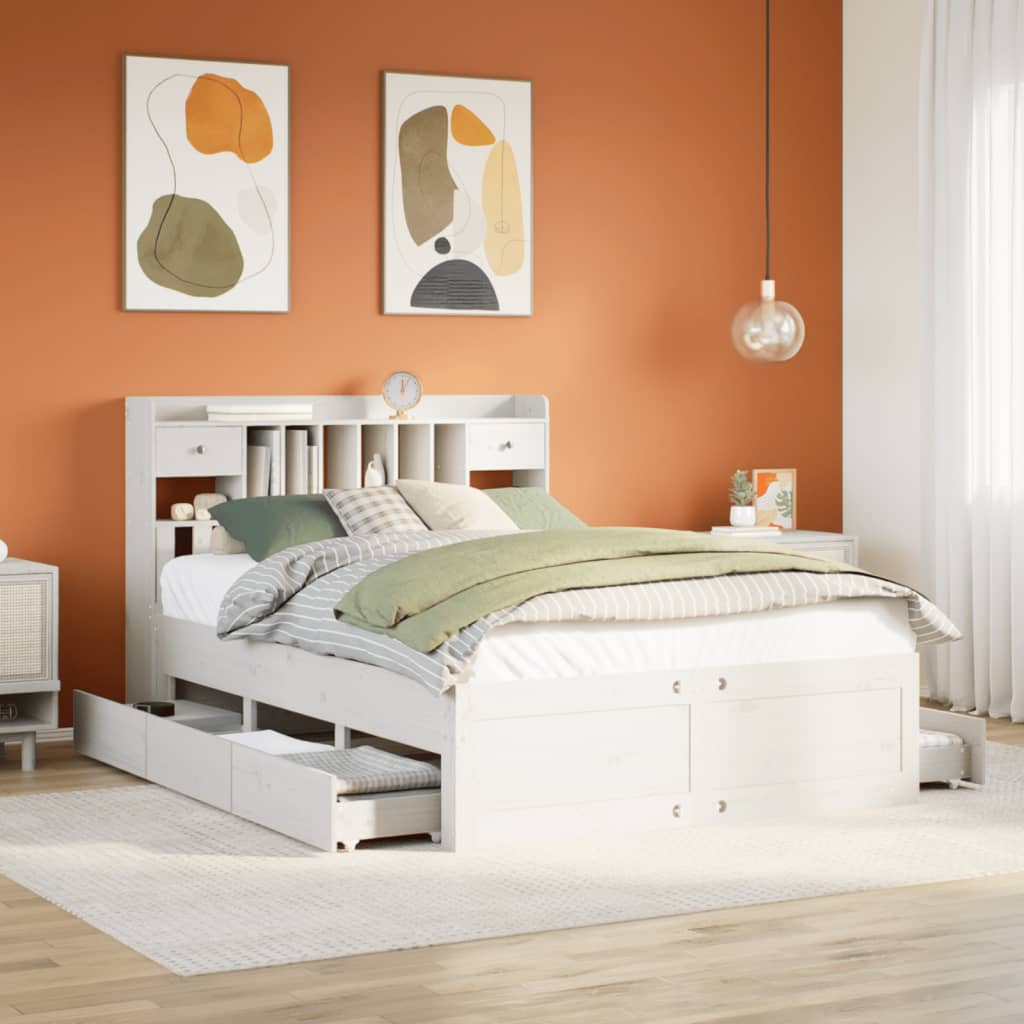 vidaXL Pat cu bibliotecă fără saltea, alb, 150x200 cm, lemn masiv pin vidaXL Pat cu bibliotecă fără saltea, alb, 150x200 cm, lemn masiv pin